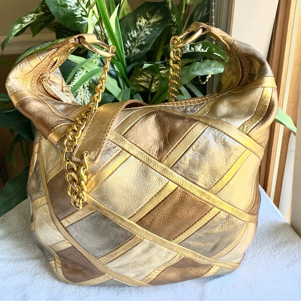 Michael Kors hobo patchwork bag in silver gold and bronze with gold chain EUC - Picture 4 of 13